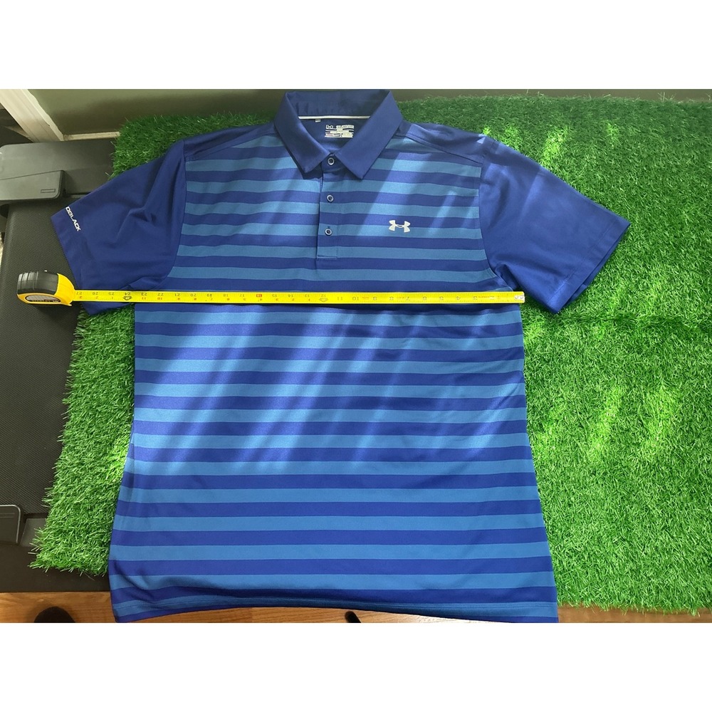 Under Armour Mens 2XL Coldblack HeatGear Blue Striped Golf Polo Shirt Loose Fit
